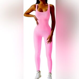 Unbranded pink catsuit jumpsuit ribbed contouring fitted lifting sleeveless